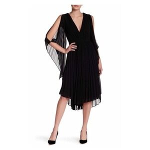 DO+BE Black Pleated V-Neck Cold Shoulder Cape Sleeve Midi Dress Small